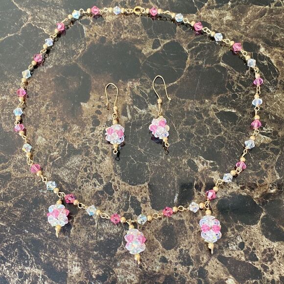 Pink Crystal Bead Necklace and Earrings Set - Picture 2 of 6